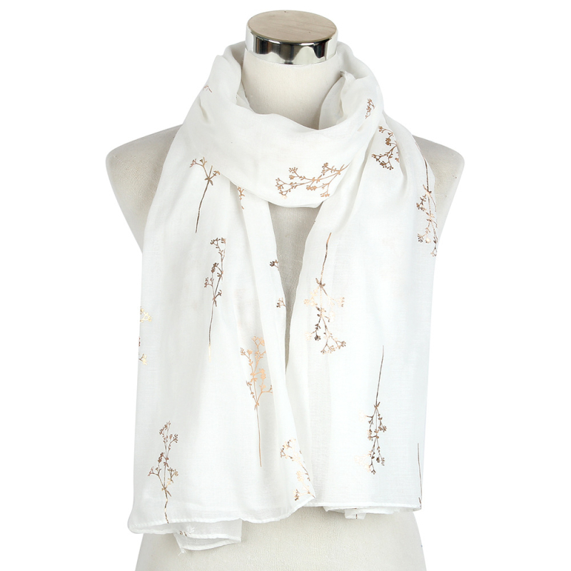 Női sál aranyozott ág mintával — poliészter; sima szövés; nyomtatás; dekoráció; geometriai mintázat
