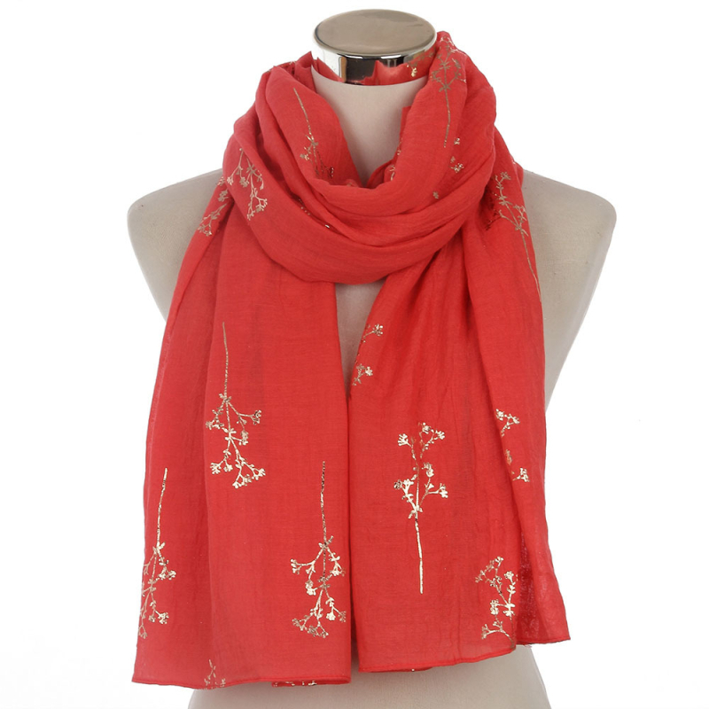 Női sál aranyozott ág mintával — poliészter; sima szövés; nyomtatás; dekoráció; geometriai mintázat