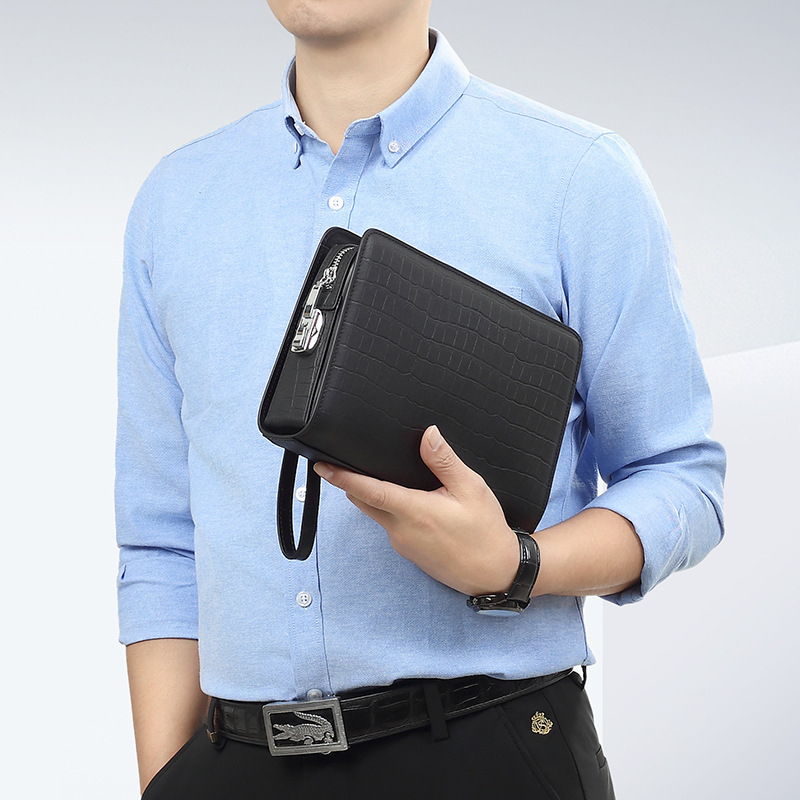 Muška clutch torba od prave kože, zaštita od krađe, gradski stil, jednostavan uzorak, podstava od poliestera, Boliao