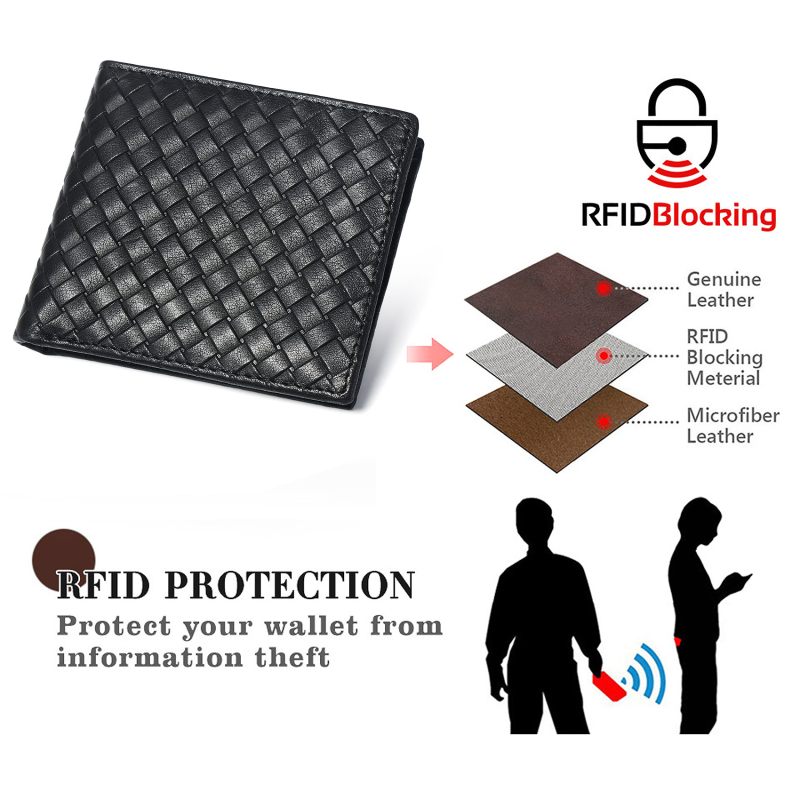 Muški kožni kratki novčanik s RFID zaštitom, zaštita od krađe, više pretinaca za kartice, koža s pletenim uzorkom