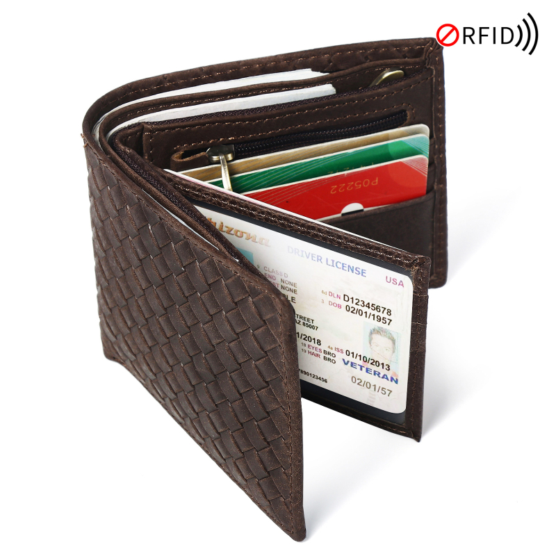 Muški kožni kratki novčanik s RFID zaštitom, zaštita od krađe, više pretinaca za kartice, koža s pletenim uzorkom