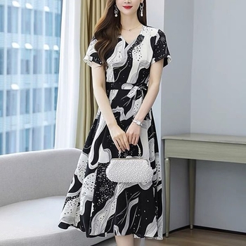 Ženska midi haljina japansko-korejskog casual stila, V izrez, kratki rukavi, A-linija, poliester, otisak
