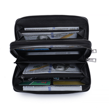 Férfi pénztárca valódi bőrből, felső réteg marhabőrből, bi-fold dizájn, nagy kapacitás, dupla cipzár