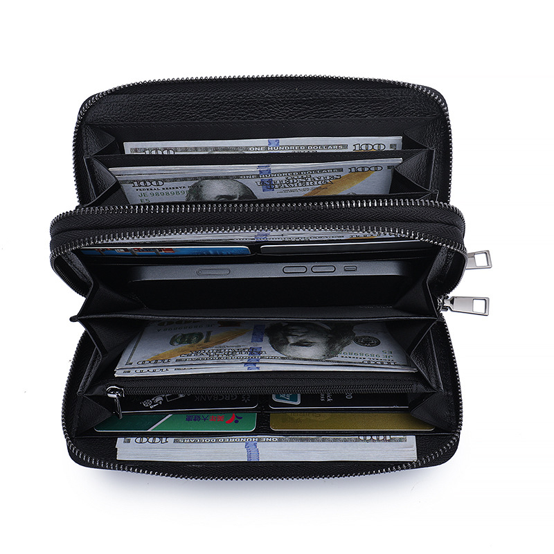 Férfi pénztárca valódi bőrből, felső réteg marhabőrből, bi-fold dizájn, nagy kapacitás, dupla cipzár