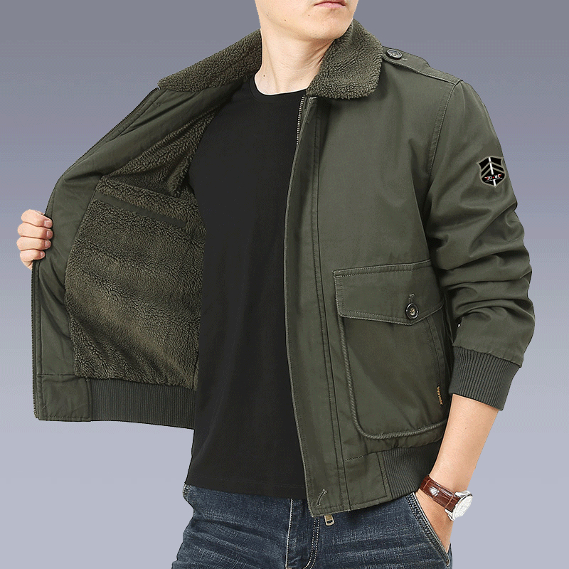 Férfi pamut bélelt kabát fleece béléssel, lazán szabott, cipzáras zárás, téli viselet