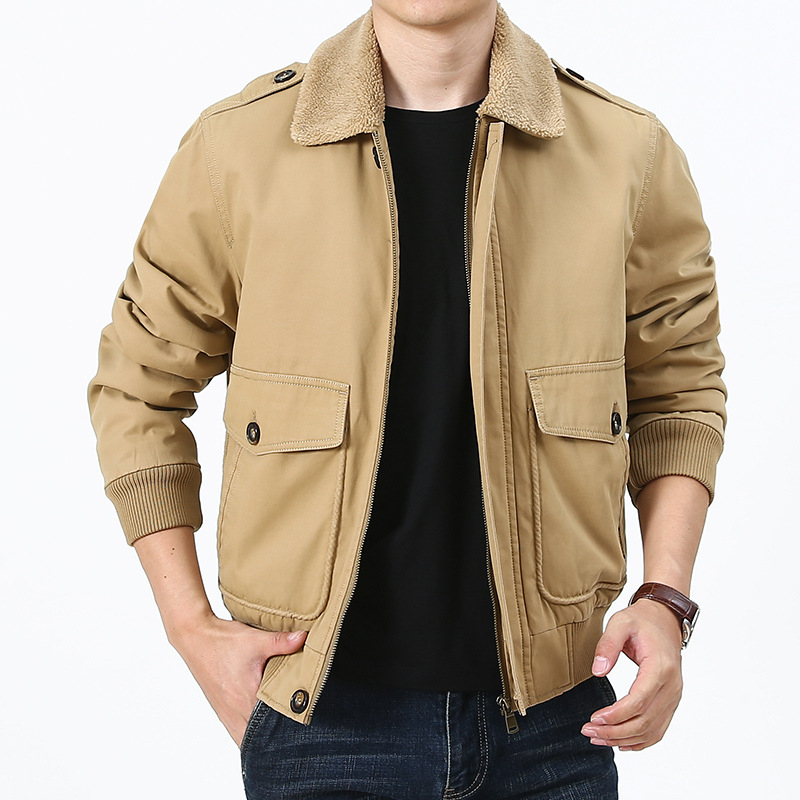 Férfi pamut bélelt kabát fleece béléssel, lazán szabott, cipzáras zárás, téli viselet