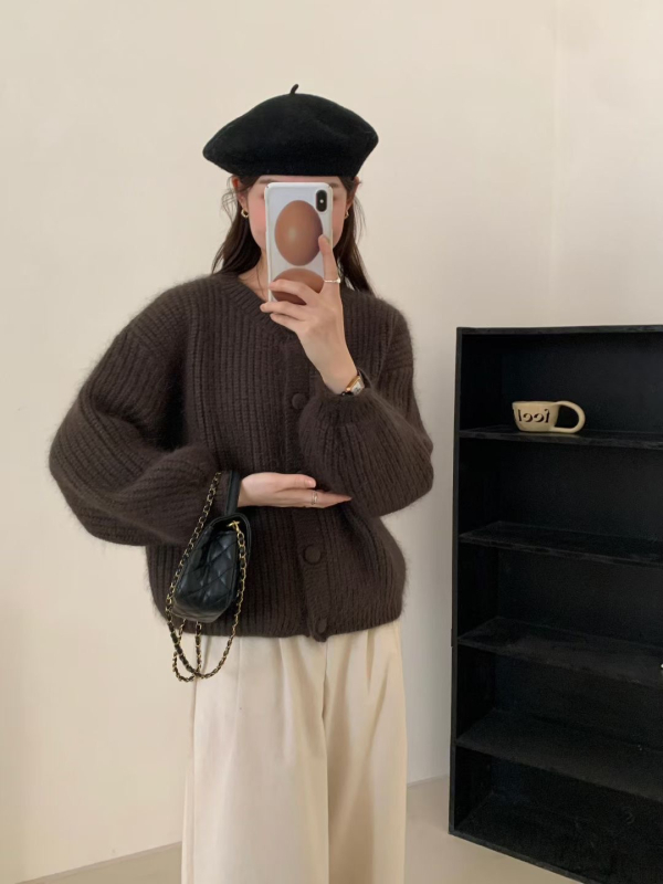 Ženski debeli pleteni kardigan, korejski stil, okrugli izrez, dugi rukavi, poliester smjesa