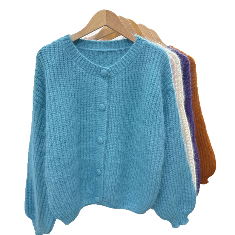 Ženski debeli pleteni kardigan, korejski stil, okrugli izrez, dugi rukavi, poliester smjesa