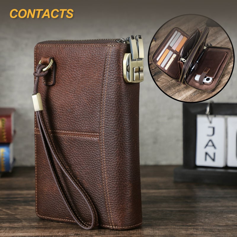 Férfi bőrtok RFID védelemmel, dupla cipzárral, csuklópánttal és jelszavas zárval – utazási útlevél-táska