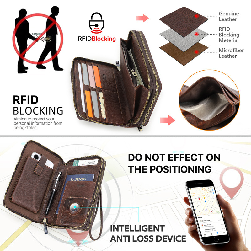 Férfi bőrtok RFID védelemmel, dupla cipzárral, csuklópánttal és jelszavas zárval – utazási útlevél-táska