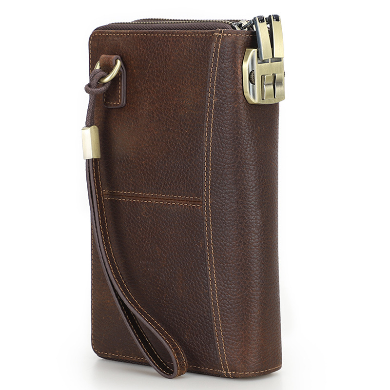 Férfi bőrtok RFID védelemmel, dupla cipzárral, csuklópánttal és jelszavas zárval – utazási útlevél-táska