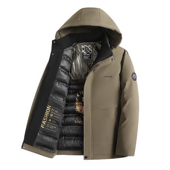 Üzleti férfiaknak készült pamut-töltéses parka kabát, kapucnis, egyszerű gombos záródás, laza szabás, téli 2024.