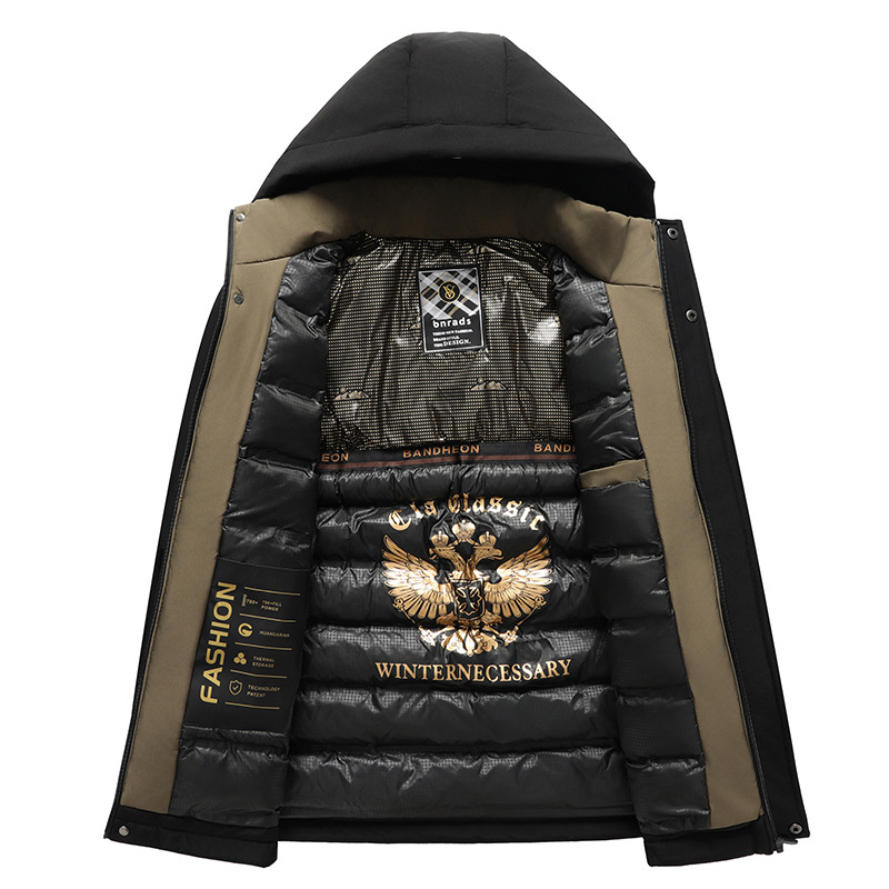 Üzleti férfiaknak készült pamut-töltéses parka kabát, kapucnis, egyszerű gombos záródás, laza szabás, téli 2024.