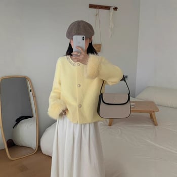 Imitált Mink anyagú kardigán, vastag kötés, kerek nyakú, hosszú ujjú, strasszos díszítés