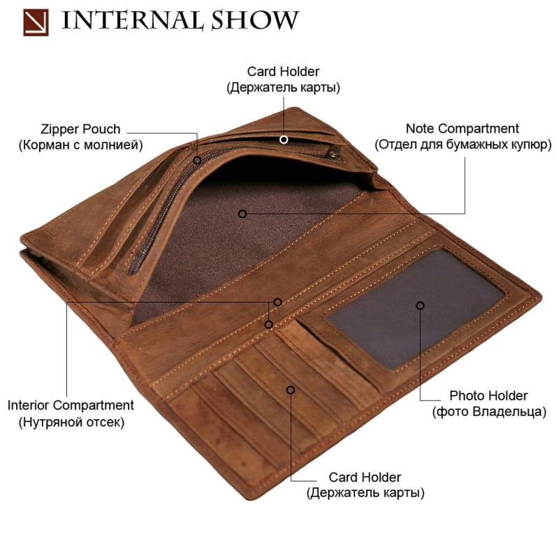 Férfi hosszú valódi bőrből készült pénztárca, felső réteg marhabőrből, modell 9024, poliészter-pamut belső, több kártyatartó rekesz