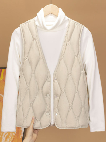 Γυναικείο γιλέκο από πούπουλο, στενή γραμμή, κοντό μήκος, V-λαιμό, μονόμπροστο κούμπωμα, πολυεστερικός εξωτερικός ιστός, πλήρωση πούπουλου 86–90%, χειμερινά ρούχα εργασίας 2024