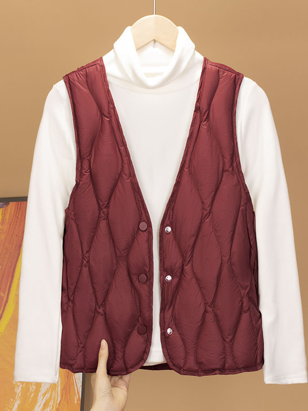 Γυναικείο γιλέκο από πούπουλο, στενή γραμμή, κοντό μήκος, V-λαιμό, μονόμπροστο κούμπωμα, πολυεστερικός εξωτερικός ιστός, πλήρωση πούπουλου 86–90%, χειμερινά ρούχα εργασίας 2024