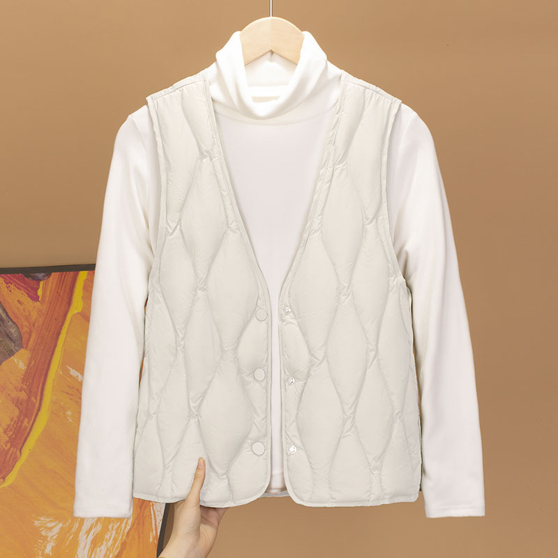 Γυναικείο γιλέκο από πούπουλο, στενή γραμμή, κοντό μήκος, V-λαιμό, μονόμπροστο κούμπωμα, πολυεστερικός εξωτερικός ιστός, πλήρωση πούπουλου 86–90%, χειμερινά ρούχα εργασίας 2024