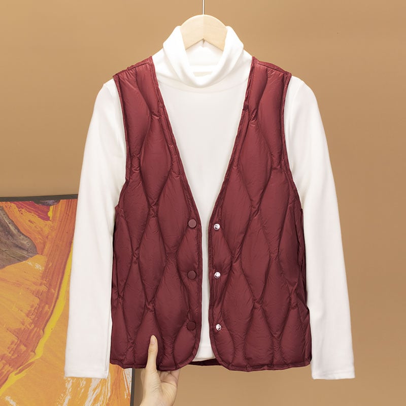 Γυναικείο γιλέκο από πούπουλο, στενή γραμμή, κοντό μήκος, V-λαιμό, μονόμπροστο κούμπωμα, πολυεστερικός εξωτερικός ιστός, πλήρωση πούπουλου 86–90%, χειμερινά ρούχα εργασίας 2024