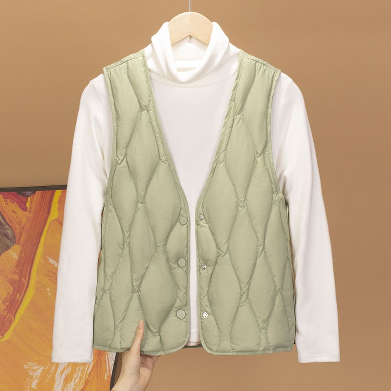 Γυναικείο γιλέκο από πούπουλο, στενή γραμμή, κοντό μήκος, V-λαιμό, μονόμπροστο κούμπωμα, πολυεστερικός εξωτερικός ιστός, πλήρωση πούπουλου 86–90%, χειμερινά ρούχα εργασίας 2024