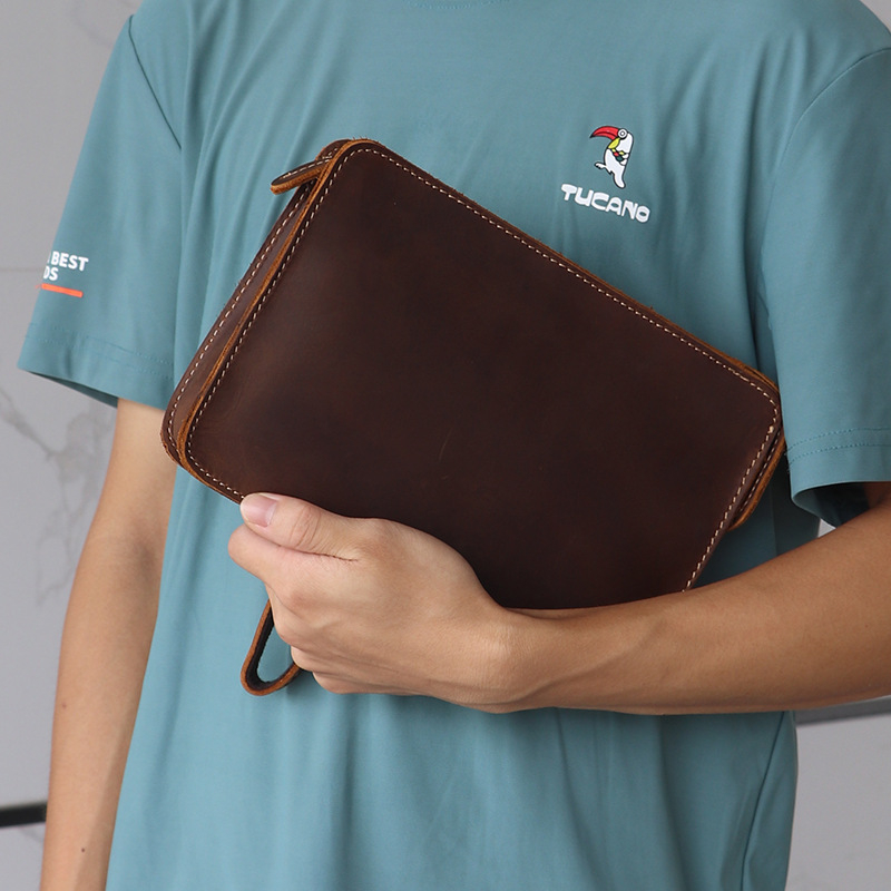 Muški kožni clutch, horizontalni dizajn, vršni sloj teleće kože, otporan na trošenje, podstava od poliester-pamuk