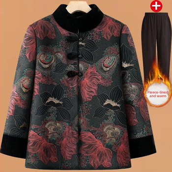 Dámsky zimný kabát s bavlnenou výplňou, hodvábny velúr materiál, čínskeho štýlu zapínanie na jeden rad gombíkov, golier polo, dlhé rukávy