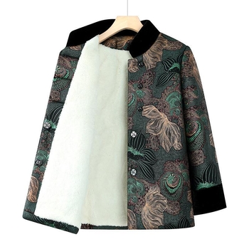 Dámsky zimný kabát s bavlnenou výplňou, hodvábny velúr materiál, čínskeho štýlu zapínanie na jeden rad gombíkov, golier polo, dlhé rukávy