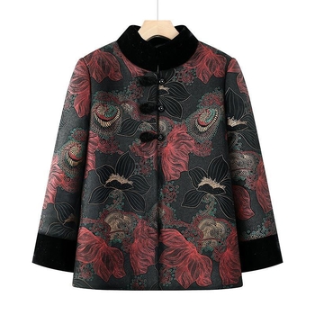 Dámsky zimný kabát s bavlnenou výplňou, hodvábny velúr materiál, čínskeho štýlu zapínanie na jeden rad gombíkov, golier polo, dlhé rukávy