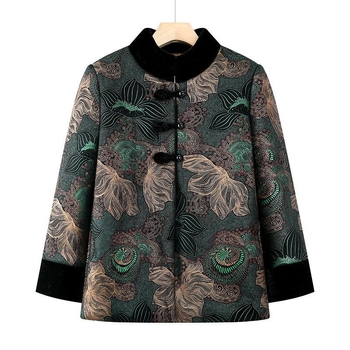 Dámsky zimný kabát s bavlnenou výplňou, hodvábny velúr materiál, čínskeho štýlu zapínanie na jeden rad gombíkov, golier polo, dlhé rukávy