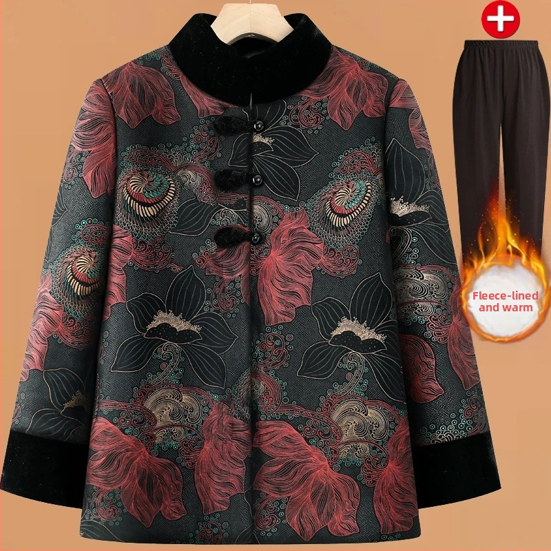 Dámsky zimný kabát s bavlnenou výplňou, hodvábny velúr materiál, čínskeho štýlu zapínanie na jeden rad gombíkov, golier polo, dlhé rukávy