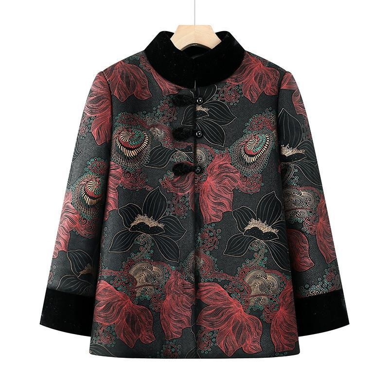 Dámsky zimný kabát s bavlnenou výplňou, hodvábny velúr materiál, čínskeho štýlu zapínanie na jeden rad gombíkov, golier polo, dlhé rukávy