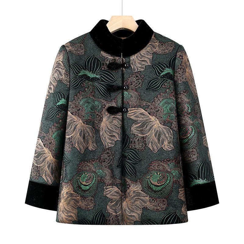 Dámsky zimný kabát s bavlnenou výplňou, hodvábny velúr materiál, čínskeho štýlu zapínanie na jeden rad gombíkov, golier polo, dlhé rukávy