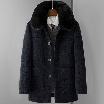 Pánsky kabát s hrubšou fleecovou výplňou, stredná dĺžka, kožušinový golier, s kapucňou
