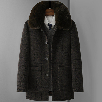Pánsky kabát s hrubšou fleecovou výplňou, stredná dĺžka, kožušinový golier, s kapucňou