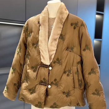 Dámska bunda s kačacím páperím a hodvábnym sametom, výplň kačací páper, dlhé rukávy, normálna dĺžka 50–65 cm, V-krk (kačací páper • hodvábny samet • dĺžka 50–65 cm • dlhé rukávy • V-krk)