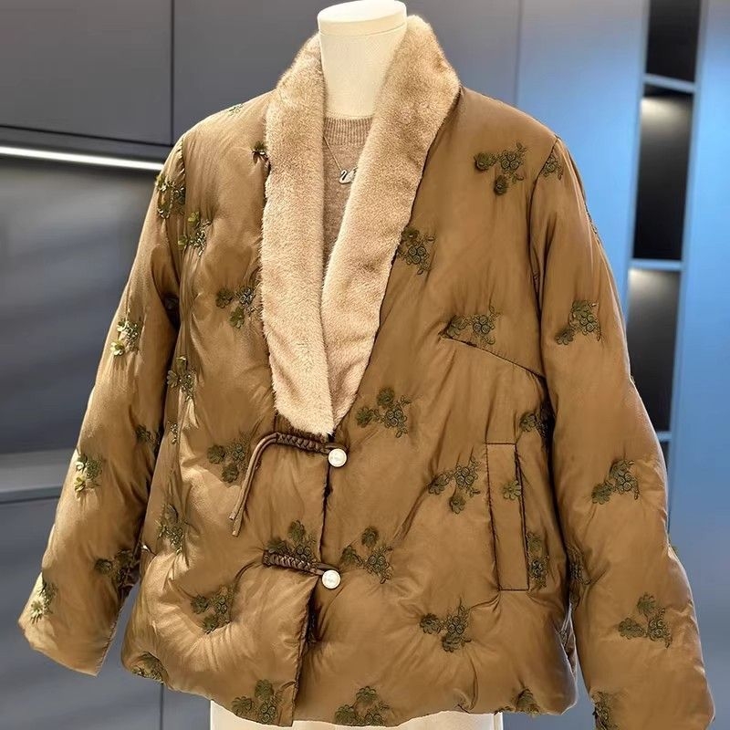 Dámska bunda s kačacím páperím a hodvábnym sametom, výplň kačací páper, dlhé rukávy, normálna dĺžka 50–65 cm, V-krk (kačací páper • hodvábny samet • dĺžka 50–65 cm • dlhé rukávy • V-krk)