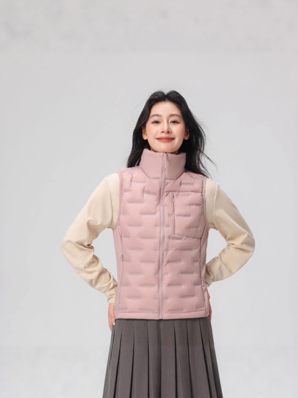 Γυναικείο γιλέκο με πούπουλα, στάντ γιακά, νάιλον ύφασμα, πλήρωση από λευκό πούπουλο πάπιας 86-90%, φερμουάρ, χαλαρή γραμμή