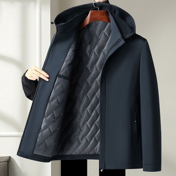 Παλτό με επένδυση από βαμβάκι για άνδρες, με κουκούλα, μεσαίου μήκους, Κορεατικό στυλ (Στυλ: Κορεατικό στυλ; Γέμισμα: Βαμβάκι; Πάχος: Παχύ; Κουκούλα: Ναι; Κούμπωμα: Μονή σειρά κουμπιών)