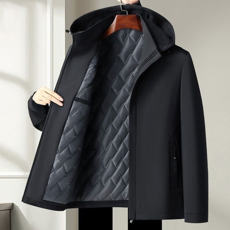 Παλτό με επένδυση από βαμβάκι για άνδρες, με κουκούλα, μεσαίου μήκους, Κορεατικό στυλ (Στυλ: Κορεατικό στυλ; Γέμισμα: Βαμβάκι; Πάχος: Παχύ; Κουκούλα: Ναι; Κούμπωμα: Μονή σειρά κουμπιών)