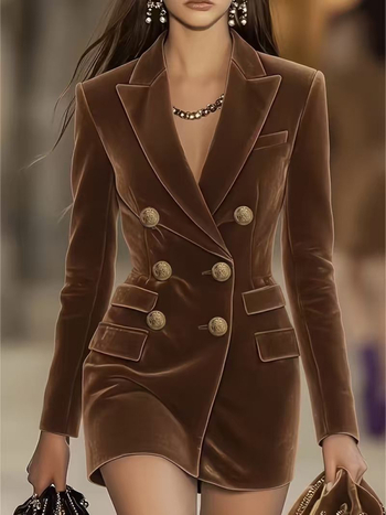 Дамски костюм – полиестер, двубортен с две копчета, костюмна яка, пролет 2025, елегантен градски стил