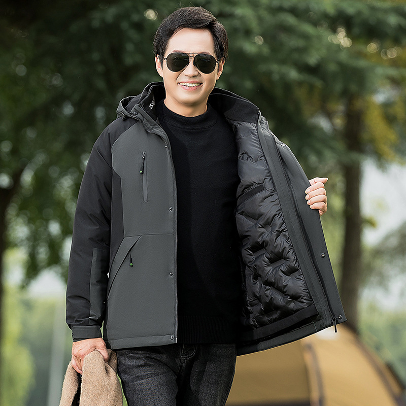 Ανδρικό παλτό με γέμισμα βαμβακιού, κουκούλα, χαλαρή γραμμή, μονόσφυρη κλείσι, corduroy ύφασμα, εξωτερικό μαλλί, επένδυση από λινό (Γέμισμα: βαμβάκι; Κύρια ύφανση: μαλλί; Επένδυση: λινό; Corduroy)