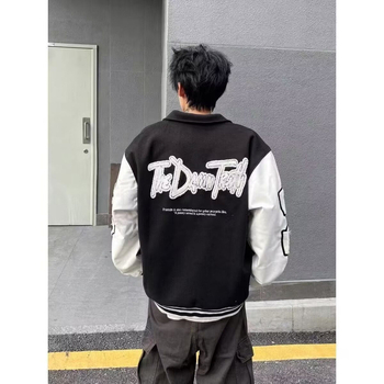 Τζάκετ μπέιζμπολ με βαριά κέντημα και πάνελ σχέδιο, χωρίς κουκούλα, παχύ ύφασμα Lycra και Vinylon, για ενήλικες άνδρες.