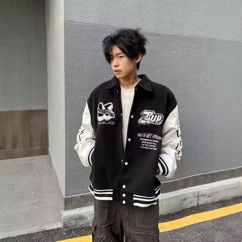 Τζάκετ μπέιζμπολ με βαριά κέντημα και πάνελ σχέδιο, χωρίς κουκούλα, παχύ ύφασμα Lycra και Vinylon, για ενήλικες άνδρες.