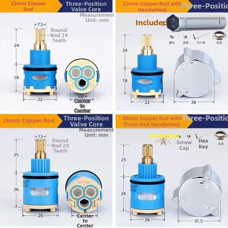 Jadro ventilu rozdelovača pre sprchu – 2/3/4 stupne miešania horúcej a studenej vody, 90° otáčanie, 3–5 rokov životnosti, kompatibilný s vodovodnou batériou