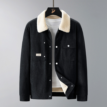 Corduroy τζάκετ για άνδρες, με κουκούλα, επενδεδυμένο με φλίς, ρετρό πέτο, εξωτερικό ύφασμα μαλλί, επένδυση πολυεστέρα