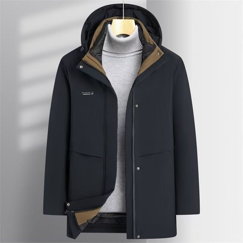 Ανδρικό μπουφάν με πούπουλα, κουκούλα, παχύ, αποσπώμενο εσωτερικό επενδυτικό, 100% λευκό πάπια πούπουλο, μακρύ στυλ