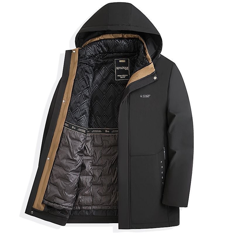 Ανδρικό μπουφάν με πούπουλα, κουκούλα, παχύ, αποσπώμενο εσωτερικό επενδυτικό, 100% λευκό πάπια πούπουλο, μακρύ στυλ