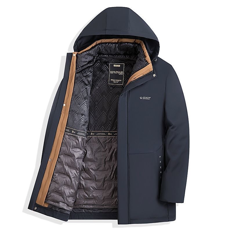 Ανδρικό μπουφάν με πούπουλα, κουκούλα, παχύ, αποσπώμενο εσωτερικό επενδυτικό, 100% λευκό πάπια πούπουλο, μακρύ στυλ