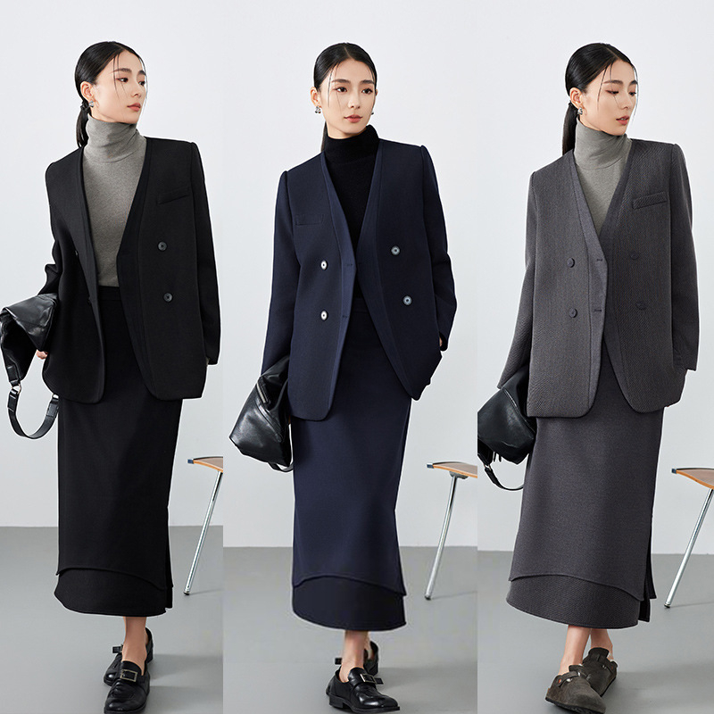 Женско сако с V-образно деколте, дълги ръкави, еднобортно закопчаване, полиестер — есен 2025