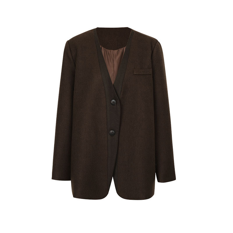 Женско сако с V-образно деколте, дълги ръкави, еднобортно закопчаване, полиестер — есен 2025